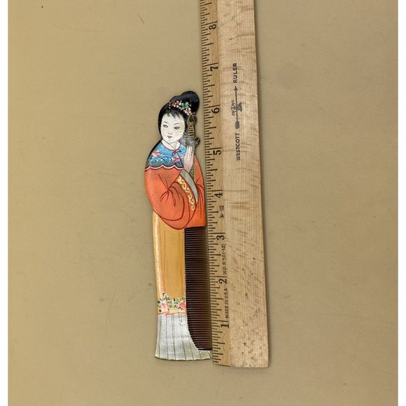 Vintage Gong Shu Ming Style Hand Painted Geisha Wooden Comb - Picture 6 of 6
